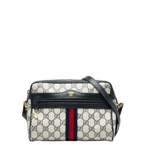 Gucci GG Supreme Shoulder Bag Navy Blue Beige Tan Leather